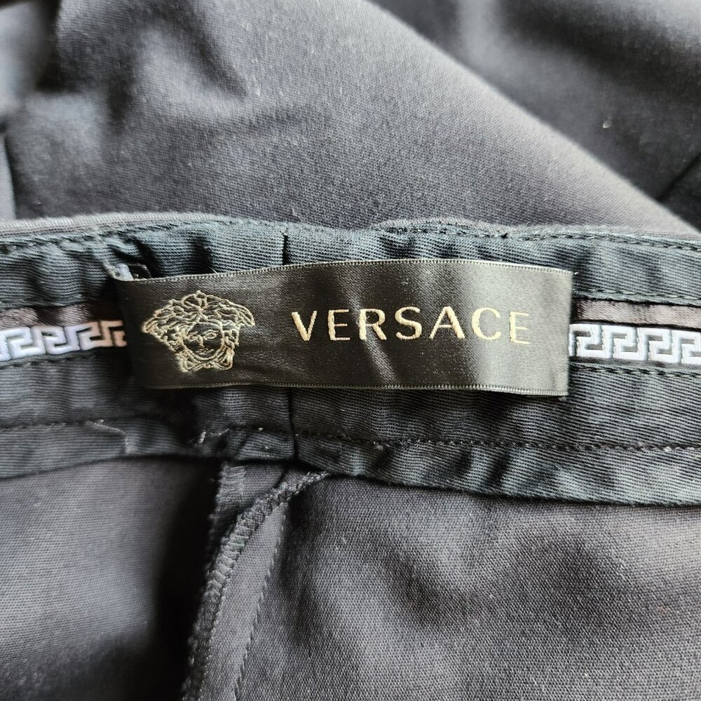Versace Black Slim Pants Blue Embroidered Stripe Silk Trim US 10 IT 46